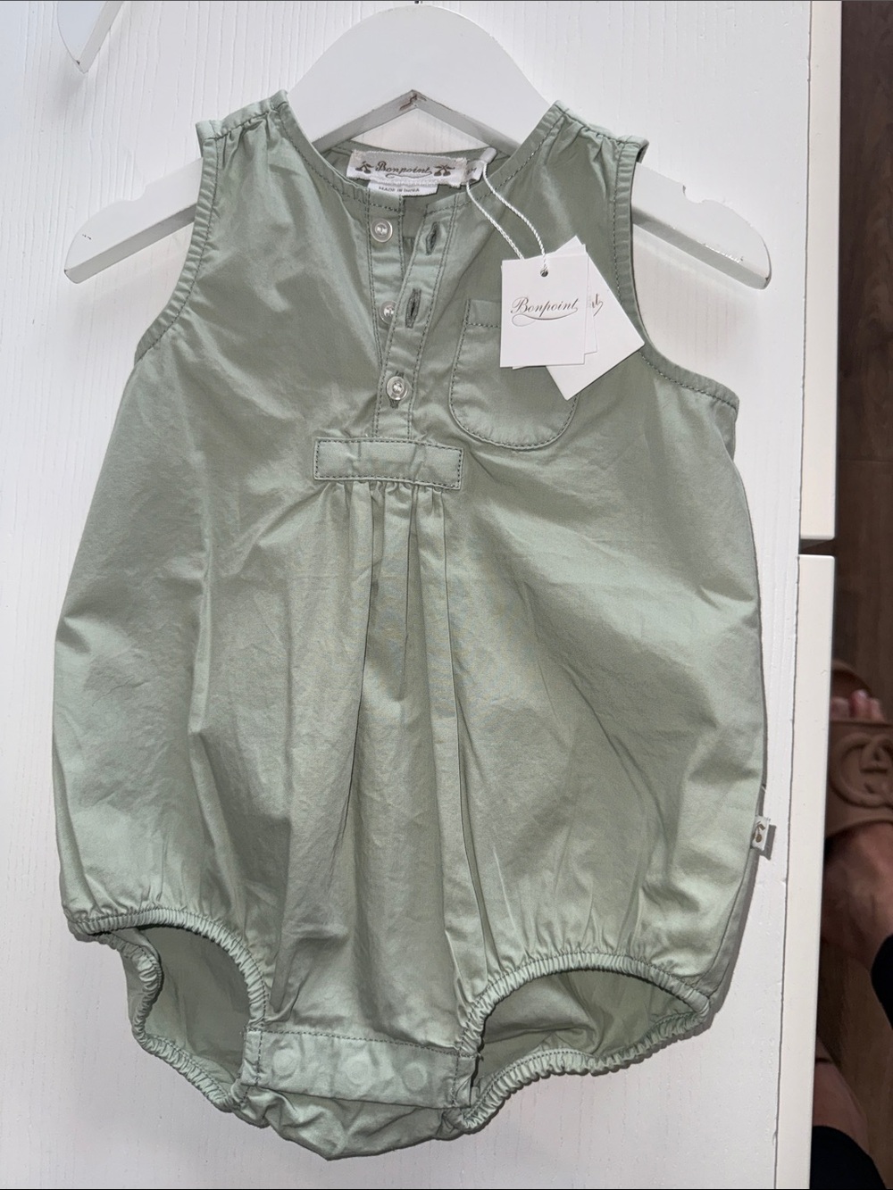 Bonpoint Light Sage Green Sleeveless Baby Romper